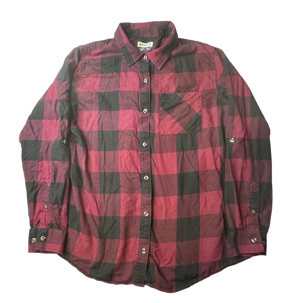 Magellan Outdoors Shirt Womens XL Burgundy Willow Creek Plaid Roll Tab Button Up